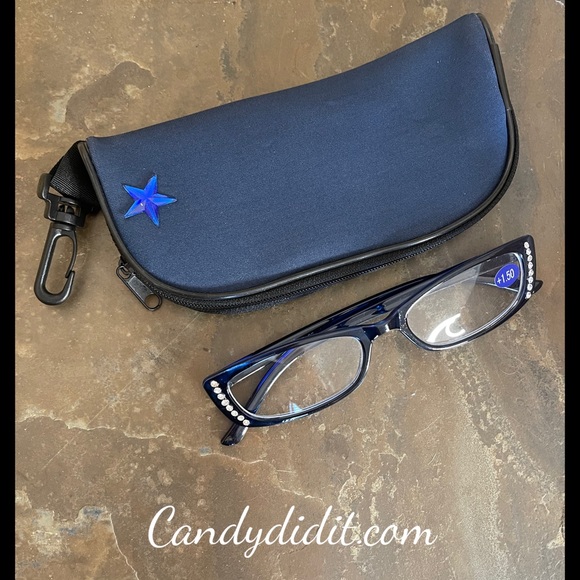 NWT Translucent Blue Frames W/ Sparkly Clear Crystals Bling Reader Glasses 1.50 - Picture 2 of 11